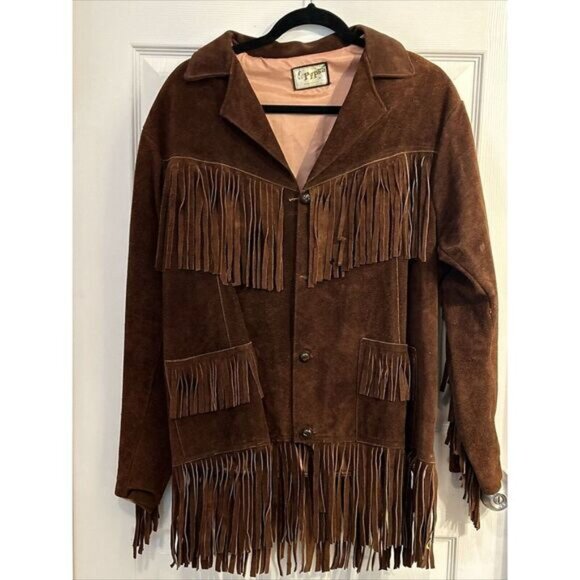 Pypsa Mens Brown Suede Long Sleeve Fringe Collared Button Front Jacket Size 38 - Picture 1 of 6